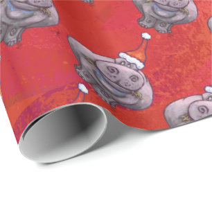 Cute Hippo in Santa Hat Pattern on Red Wrapping Paper