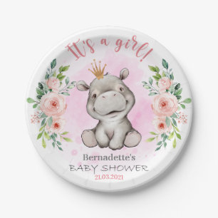 Cute Hippo It's a Girl Baby Shower Paper Plate