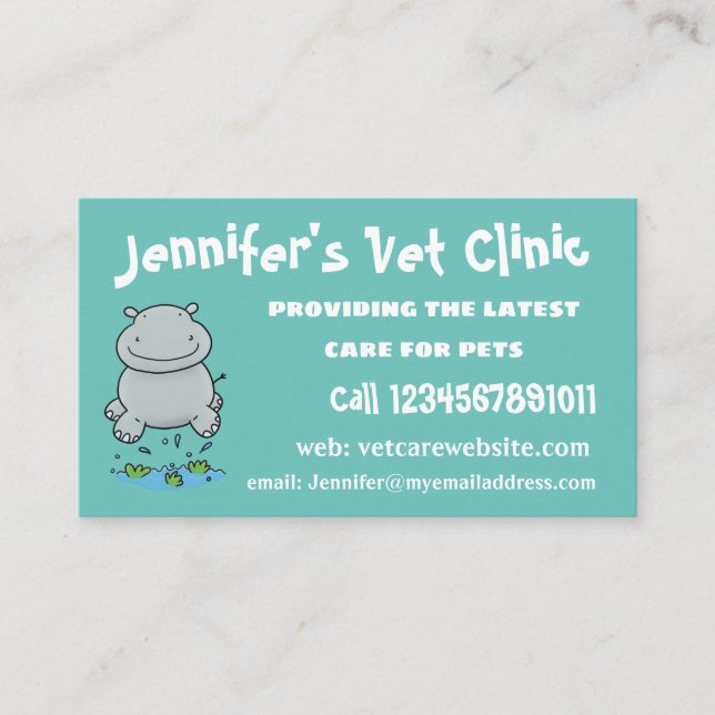 Cute hippo jumping cartoon illustration business card (Front)