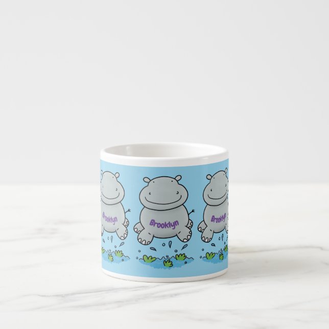 Cute hippo jumping cartoon illustration espresso cup (Front)