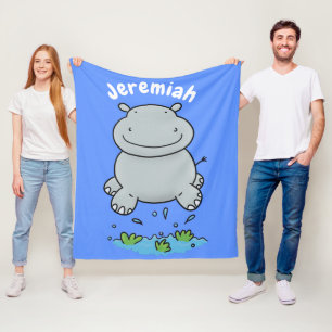 Cute hippo jumping cartoon illustration fleece blanket