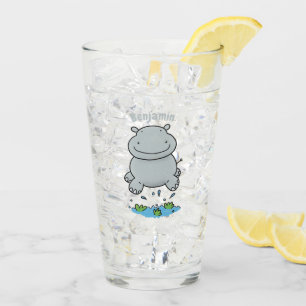 Cute hippo jumping cartoon illustration glass