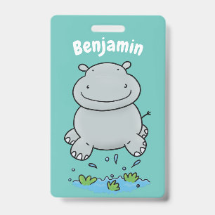 Cute hippo jumping cartoon illustration ID badge