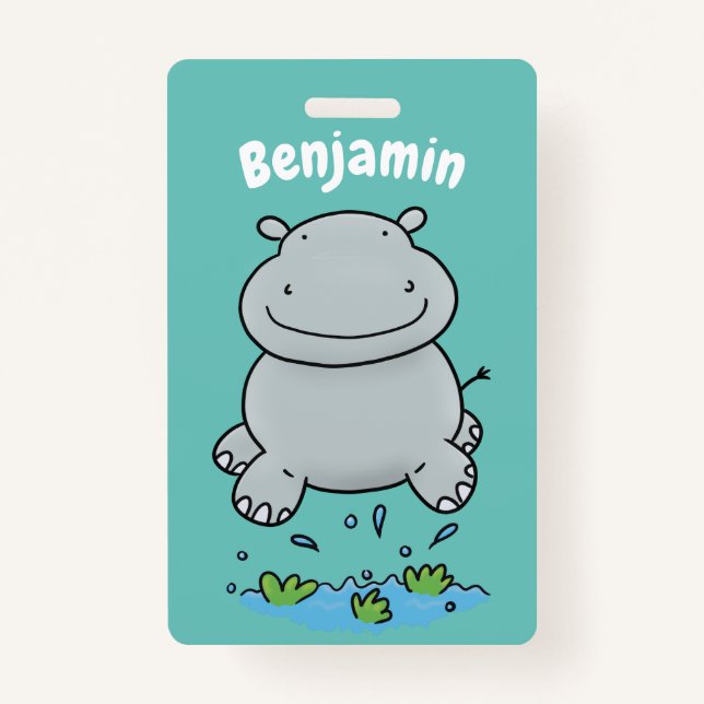 Cute hippo jumping cartoon illustration ID badge (Front)