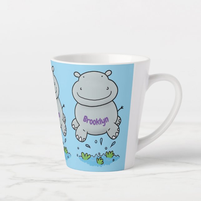 Cute hippo jumping cartoon illustration latte mug (Right)