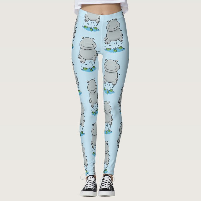 Cute hippo jumping cartoon illustration leggings (Front)
