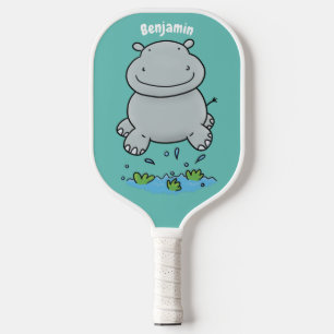 Cute hippo jumping cartoon illustration pickleball paddle