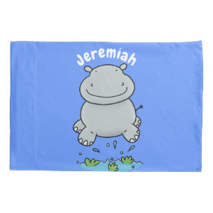Cute hippo jumping cartoon illustration pillowcase