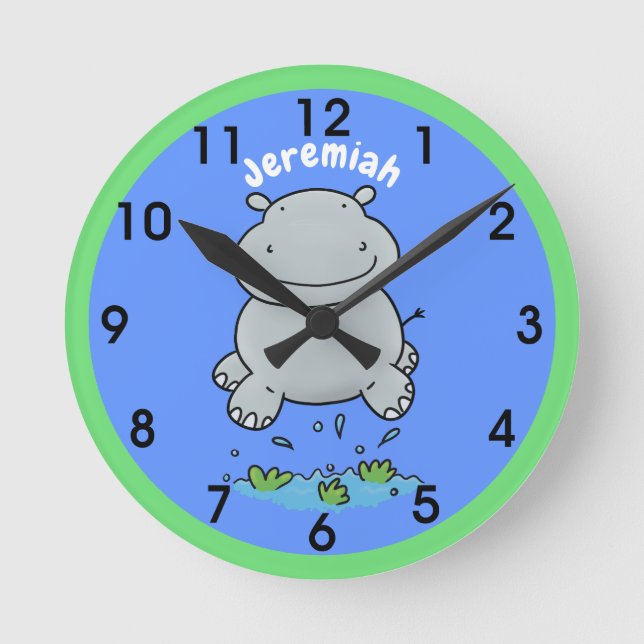Cute hippo jumping cartoon illustration round clock (Front)