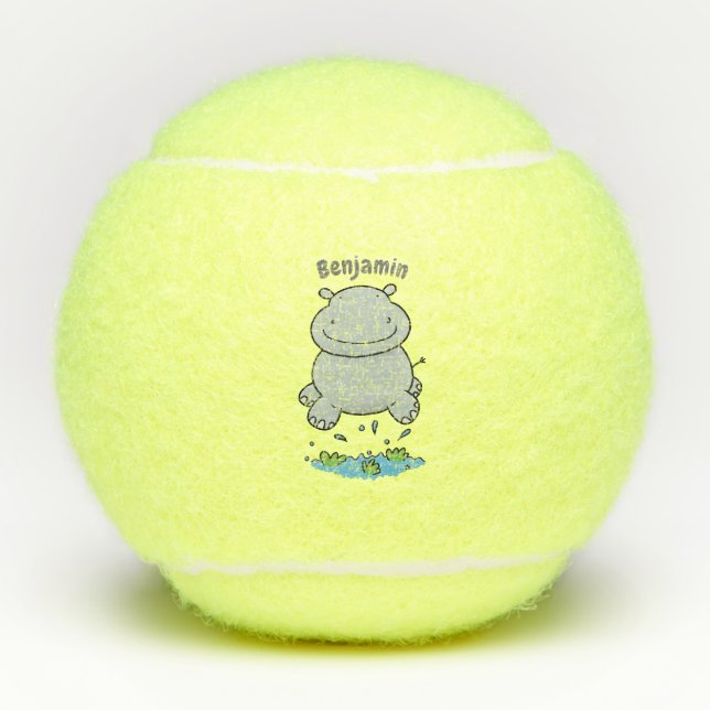 Cute hippo jumping cartoon illustration tennis balls (Front)