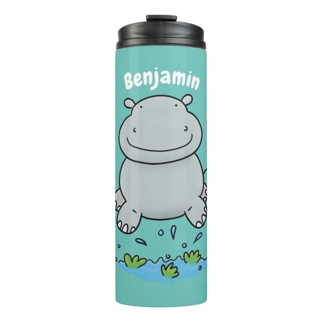 Cute hippo jumping cartoon illustration thermal tumbler (Front)