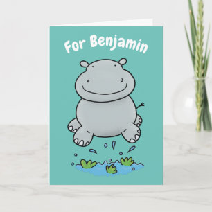 Cute hippo jumping cartoon personalised birthday card