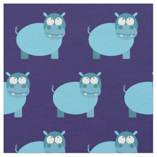 Cute Hippo Kid Baby Nursery Dark Blue Hippopotamus Fabric
