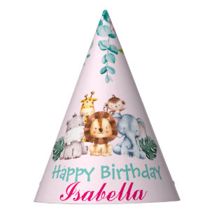 cute Hippo lion zoo animals jungle Floral Birthday Party Hat