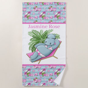 cute hippo lover add name beach towel