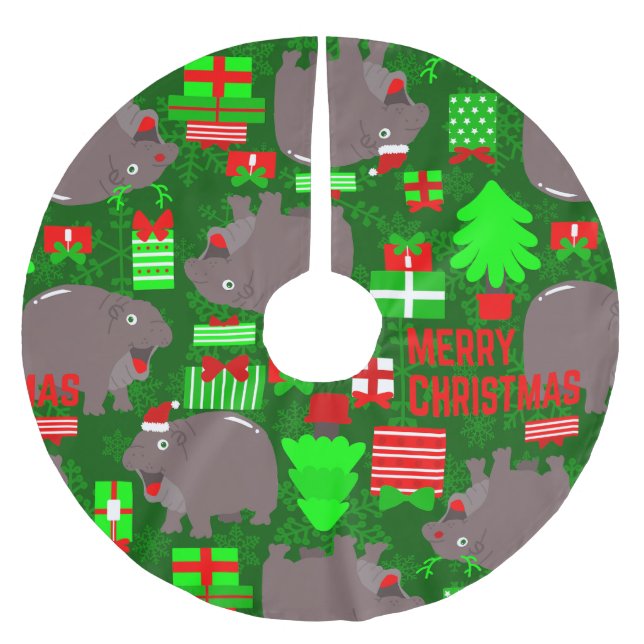 cute hippo merry christmas hippopotamus  brushed polyester tree skirt (Front)