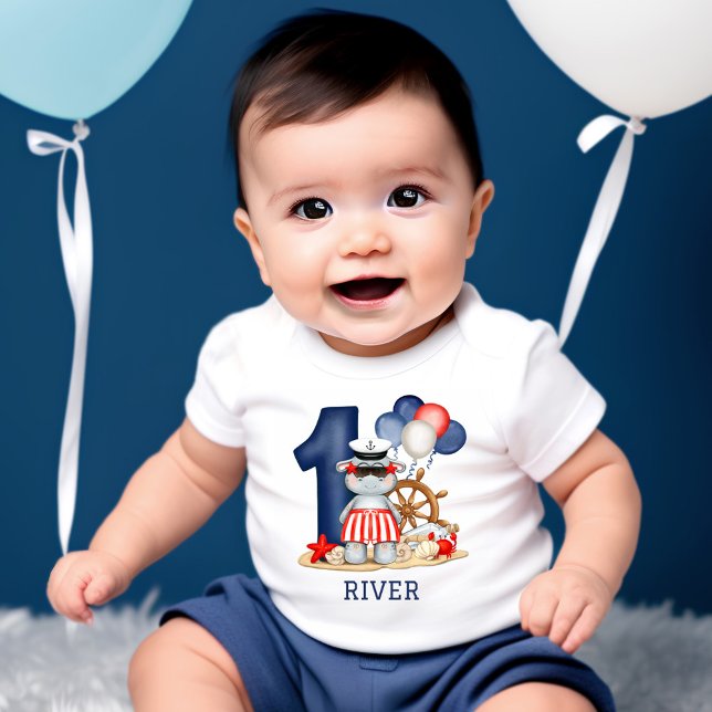 Cute Hippo Nautical 1st Birthday Boy Baby T-Shirt (Creator Uploaded)