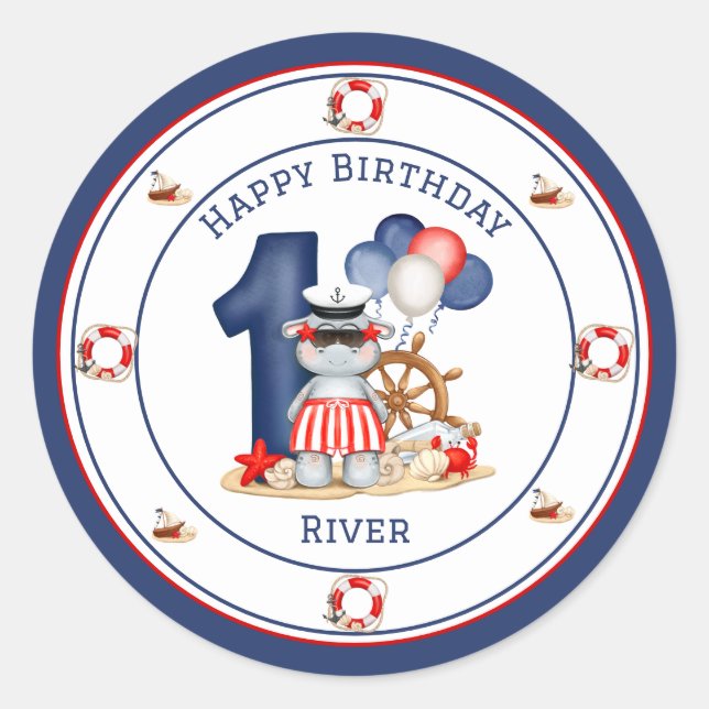 Cute Hippo Nautical 1st Birthday Boy Classic Round Sticker (Front)