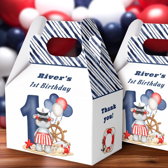 Cute Hippo Nautical 1st Birthday Boy Favour Box (Cute Hippo Nautical 1st Birthday Boy Favor Box)