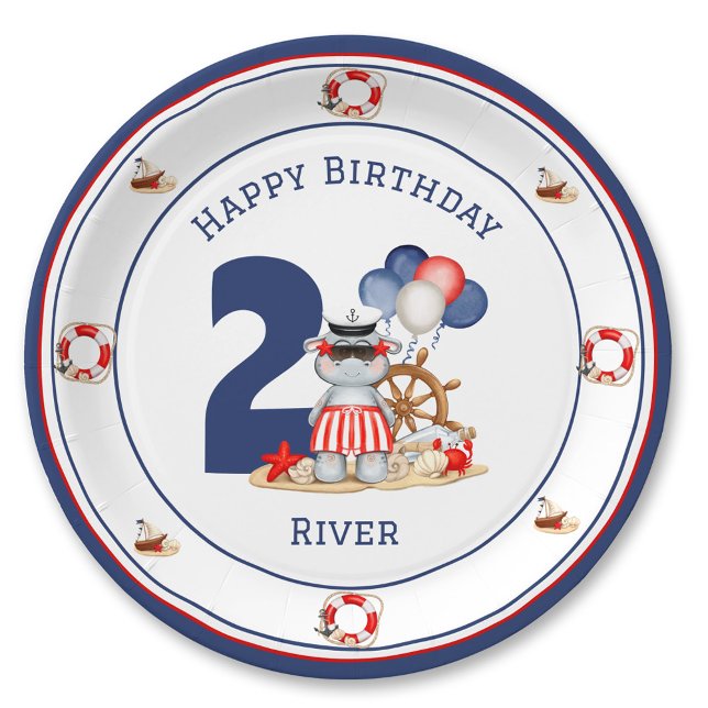 Cute Hippo Nautical Birthday Boy Blue Custom Age Paper Plate (Cute Hippo Nautical Birthday Boy Blue Custom Age Paper Plates)