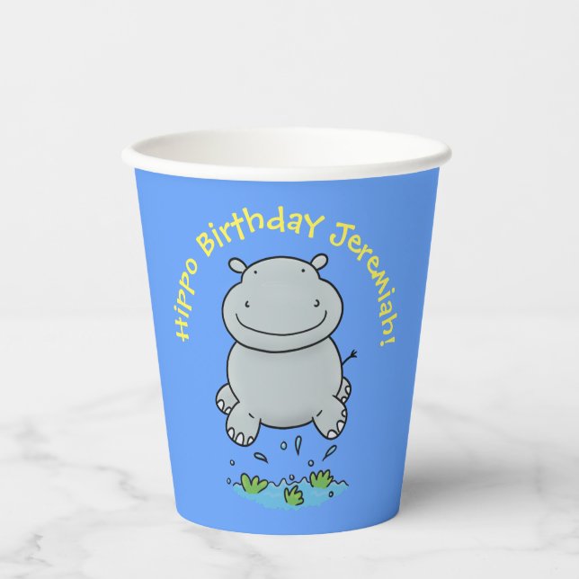 Cute hippo personalised cartoon birthday paper cups (Front)