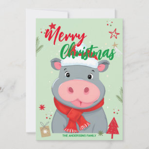 Cute HIPPO santa Christmas Holiday Family name Card