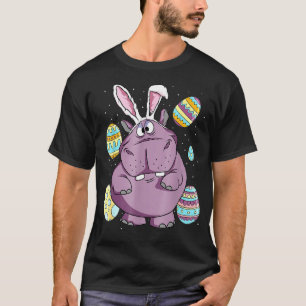 Cute Hippo Wearing Bunny Rabbit Egg Hunting Happy T-Shirt