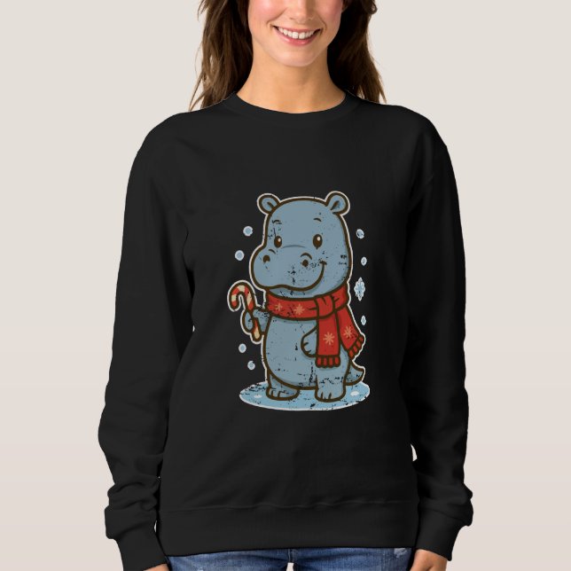 Cute Hippo Winter with Candy Cane Sweatshirt (Front)