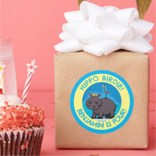 Cute hippo with bird personalised birthday cartoon classic round sticker