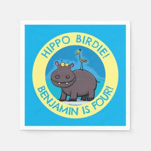 Cute hippo with bird personalised birthday cartoon napkin
