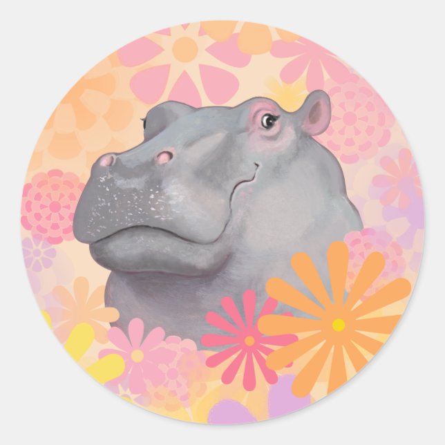 Cute Hippo With Flowers Classic Round Sticker (Front)