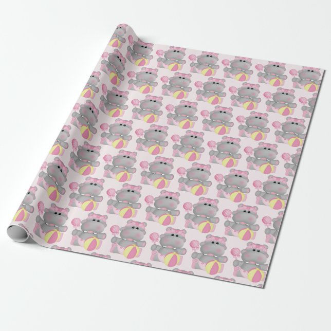 Cute Hippo with Rattle and Ball Wrapping Paper (Unrolled)
