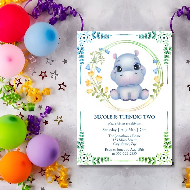 Cute Hippopotamus Flower Wreath 2nd Birthday Invitation (Creator Uploaded)