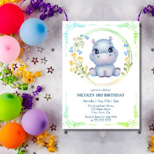 Cute Hippopotamus Flower Wreath 3rd Birthday Invitation