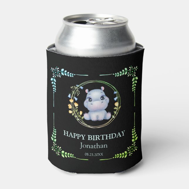 Cute Hippopotamus Flower Wreath Birthday Black Can Cooler (Can Front)