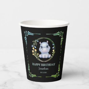 Cute Hippopotamus Flower Wreath Birthday Black Paper Cups