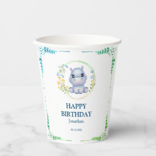 Cute Hippopotamus Flower Wreath Happy Birthday  Paper Cups