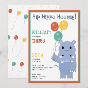 Cute Hippopotamus Hip Hippo Hooray Kids Birthday Invitation