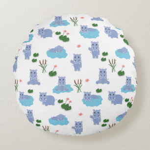 Cute Hippopotamus Hippo Pattern Kids Bedroom Round Cushion