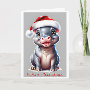 Cute Hippopotamus Santa Hat Christmas  Holiday Card