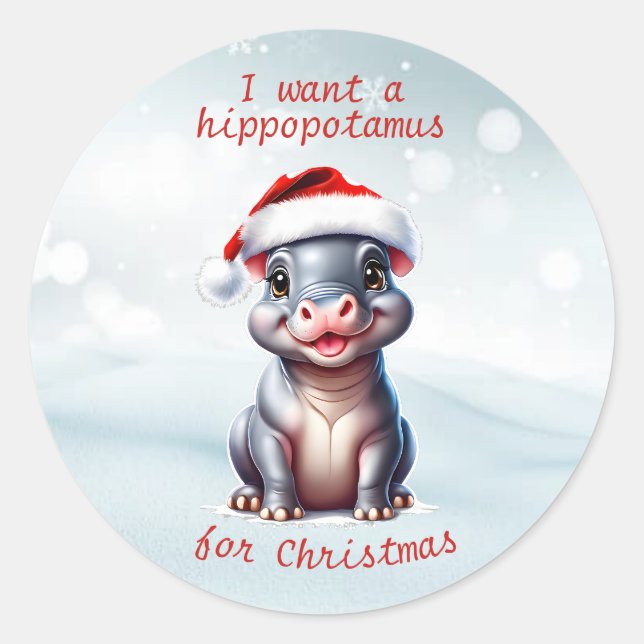 Cute Hippopotamus Santa Hat Snowy Christmas  Classic Round Sticker (Front)