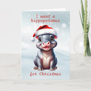 Cute Hippopotamus Santa Hat Snowy Christmas Holiday Card
