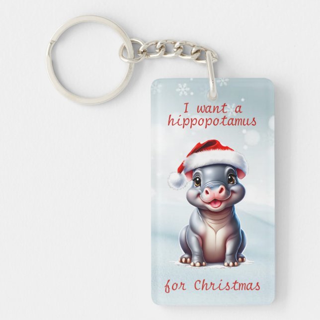 Cute Hippopotamus Santa Hat Snowy Christmas  Key Ring (Front)
