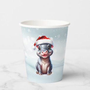 Cute Hippopotamus Santa Hat Snowy Christmas  Paper Cups