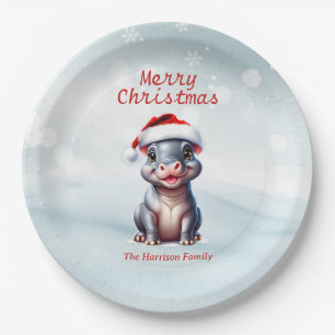 Cute Hippopotamus Santa Hat Snowy Christmas  Paper Plate