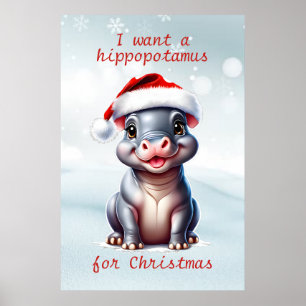 Cute Hippopotamus Santa Hat Snowy Christmas Poster