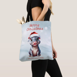 Cute Hippopotamus Santa Hat Snowy Christmas  Tote Bag
