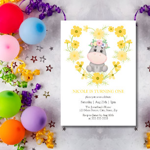 Cute Hippopotamus Yellow Flower Heart 1st Birthday Invitation