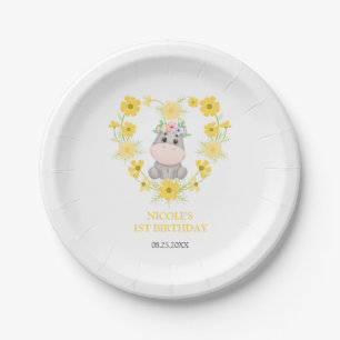 Cute Hippopotamus Yellow Flower Heart 1st Birthday Paper Plate