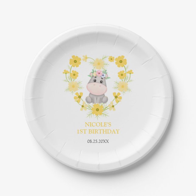 Cute Hippopotamus Yellow Flower Heart 1st Birthday Paper Plate (Front)